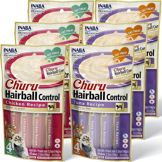 INABA Churu for Cats, Functional, Creamy Lickable Purée Cat Treat for Hairball Control, 0.5 Ounces Each, 24 Tubes (4 per Pack), 2 Flavor Tuna and Chicken Variety Pack