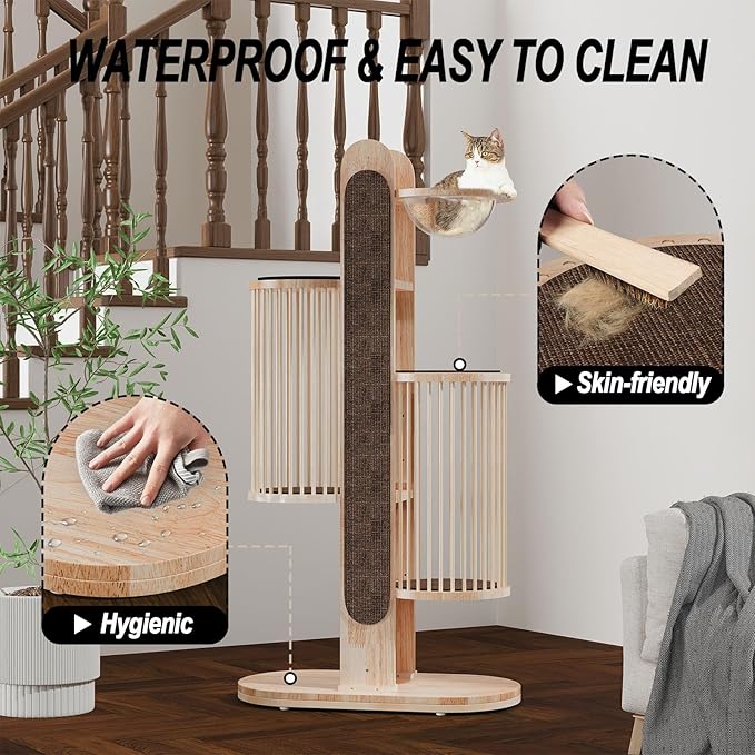 Modern Cat Tree Tower for Indoor Cats, 67" Tall Solid Wooden Cat Tower with Scratching Posts, 6 Level Natural Luxury Cat House with Big Bed, Washable Cushions Cat Furniture for Large Cats Brown