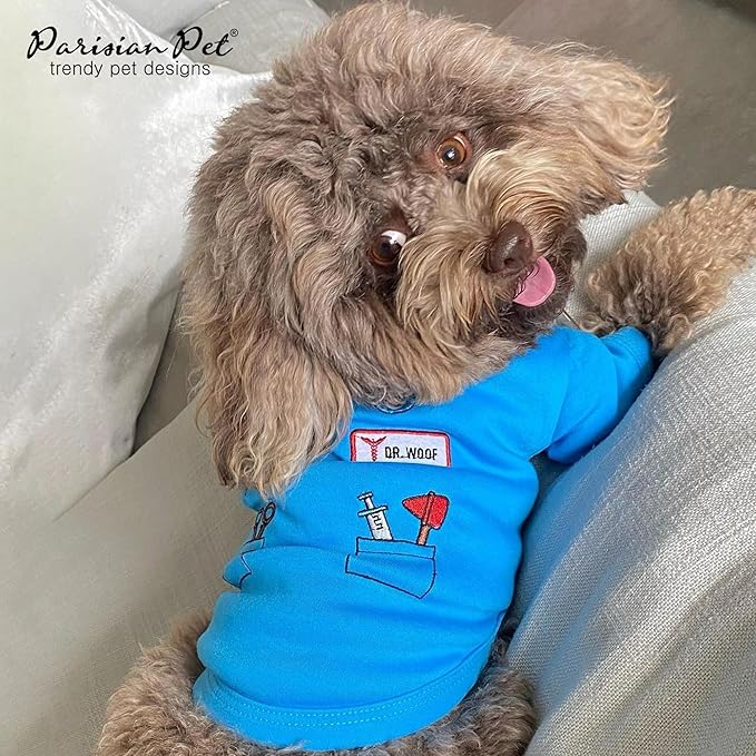 Parisian Pet Doctor Woof Dog Shirt - Embroidered Pirate Costume - 100% Cotton & Polyester Doctor Outfit - Sleeved Blue Funny Dog Shirts - XL
