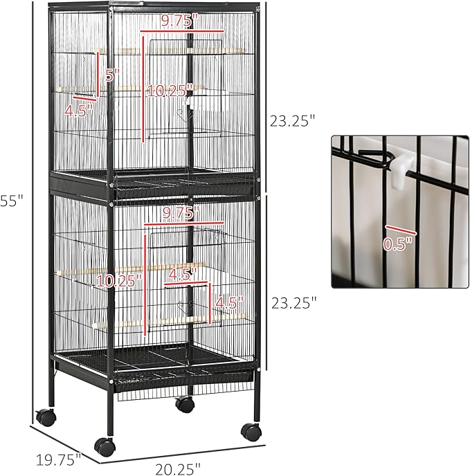 PawHut Large Bird Cage with 1.7 ft. Width for Wingspan, Bird Aviary Indoor with Multi - Door Design, Fit for a Canary, Finch, Conure, 55", Black