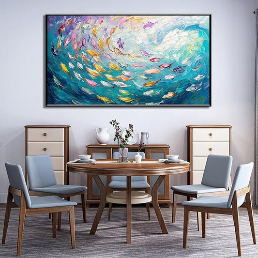 Fish Canvas Wall Art, Abstract School of Fish Canvas Wall Art, School of Fish Painting Canvas, School of Fish Wall Art, Fish Wall Decor, Fish Pictures Wall Decor, Bedroom Canvas Wall Decor (Black Framed, 23"x13" | 60x35cm)