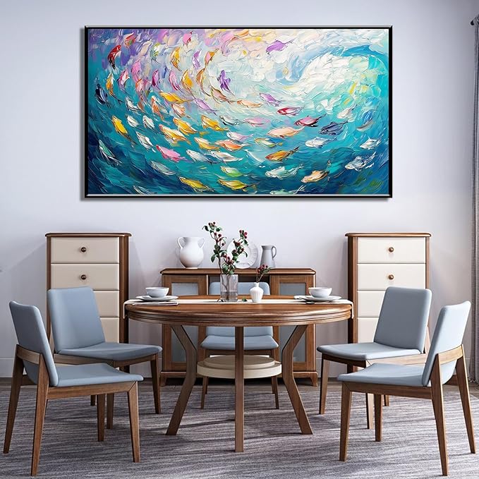 Fish Canvas Wall Art, Abstract School of Fish Canvas Wall Art, School of Fish Painting Canvas, School of Fish Wall Art, Fish Wall Decor, Fish Pictures Wall Decor, Bedroom Canvas Wall Decor (Black Framed, 69"x39" | 174x98cm)
