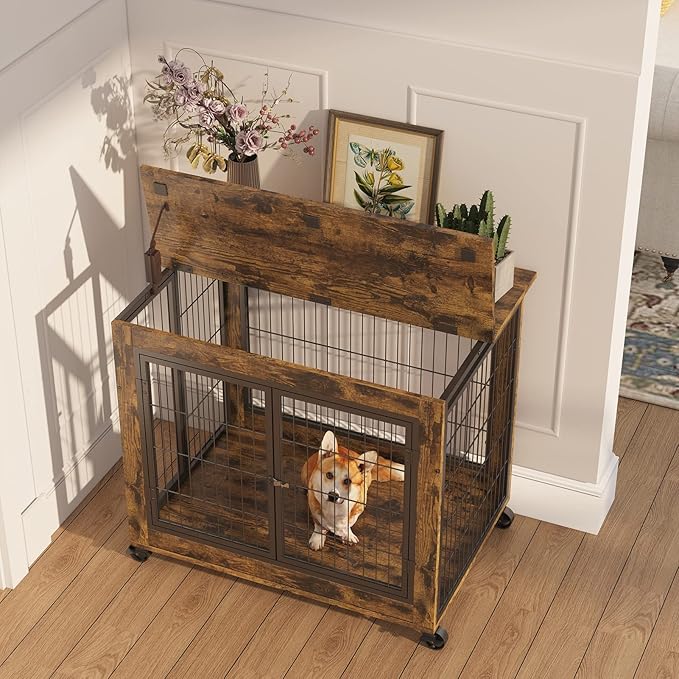 IchbinGo Dog Crate Furniture, Wooden Dog Crate Table, 31.5" Dog Kennel with 3 Doors, Flip-up Top Opening and Wheels, Decorative Pet Crate Dog House for Medium/Small Dog Indoor Use (Rustic Brown)