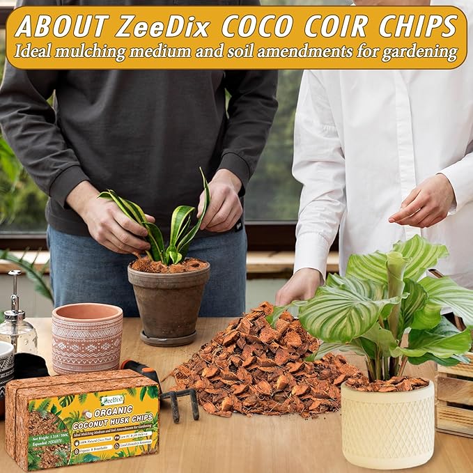 Zeedix 4 Pack Coco Husk Chips for Plants(4.4LB), 100% Organic Coconut Chips Mulch with Low EC & PH Balance, All Purpose for Indoor Plant Flowers Herbs Vegetables, Reptiles Terrarium Tanks Substrate