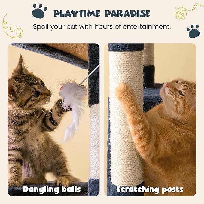 MWPO 63.8 inches Multi-Level Cat Tree for Large Cats with Sisal-Covered Scratching Posts, Padded Platform, Hammock and Condo,Stable Cat Tower Cat Condo Pet Play House-Smoky Gray