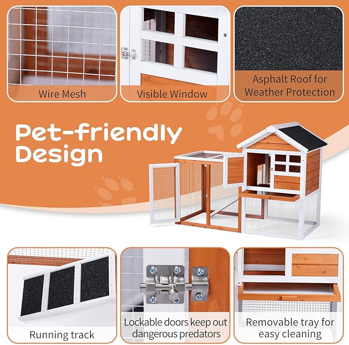 Outvita Rabbit Hutch, Small Wood Chicken Coop, 48" Guinea Pig Cage w/Pull-Out Tray, Waterproof Asphalt Roof, Chicken Run, Interactive Door for Small Animal Pen Outdoor