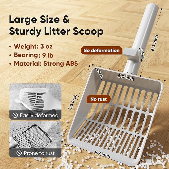 Large Cat Litter Scoop, Heavy-Duty Litter Scoop with Dual Sifting Holes for Fast & Fine Clumping, Kitty Litter Scooper with Long Handle & Easy-to-Hang Hook for Litter Box