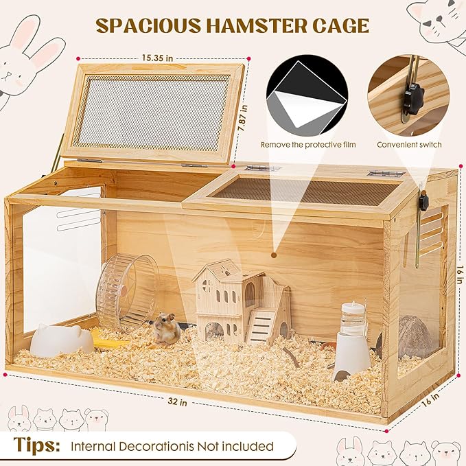 Hamster Cage 32 Inch Wooden Chewproof, 270° View Habitat with Bite-Proof Metal Mesh & Dual Access Doors, Acrylic Sheets & Solid Build for Dwarf Syrian Hamsters/Gerbils/Guinea Pigs/Chinchillas