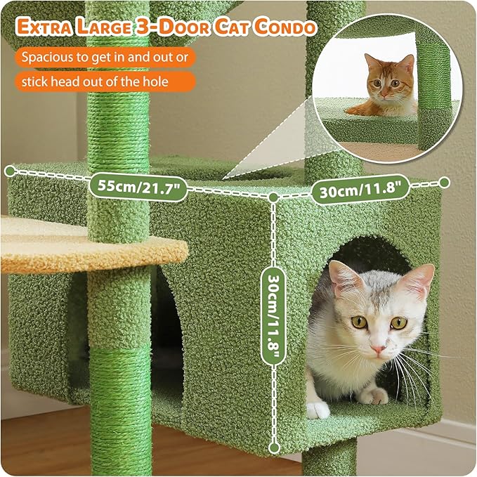 PAWZ Road Heavy Duty Cat Tree for Large Cats, 81 Inches Cactus Tall Cat Tower with 2 Perches, 2 Condos and Spacious Hammock, XL Extra Large Condo with 7 Scratching Posts for 20lb+ Adult Cats, Green