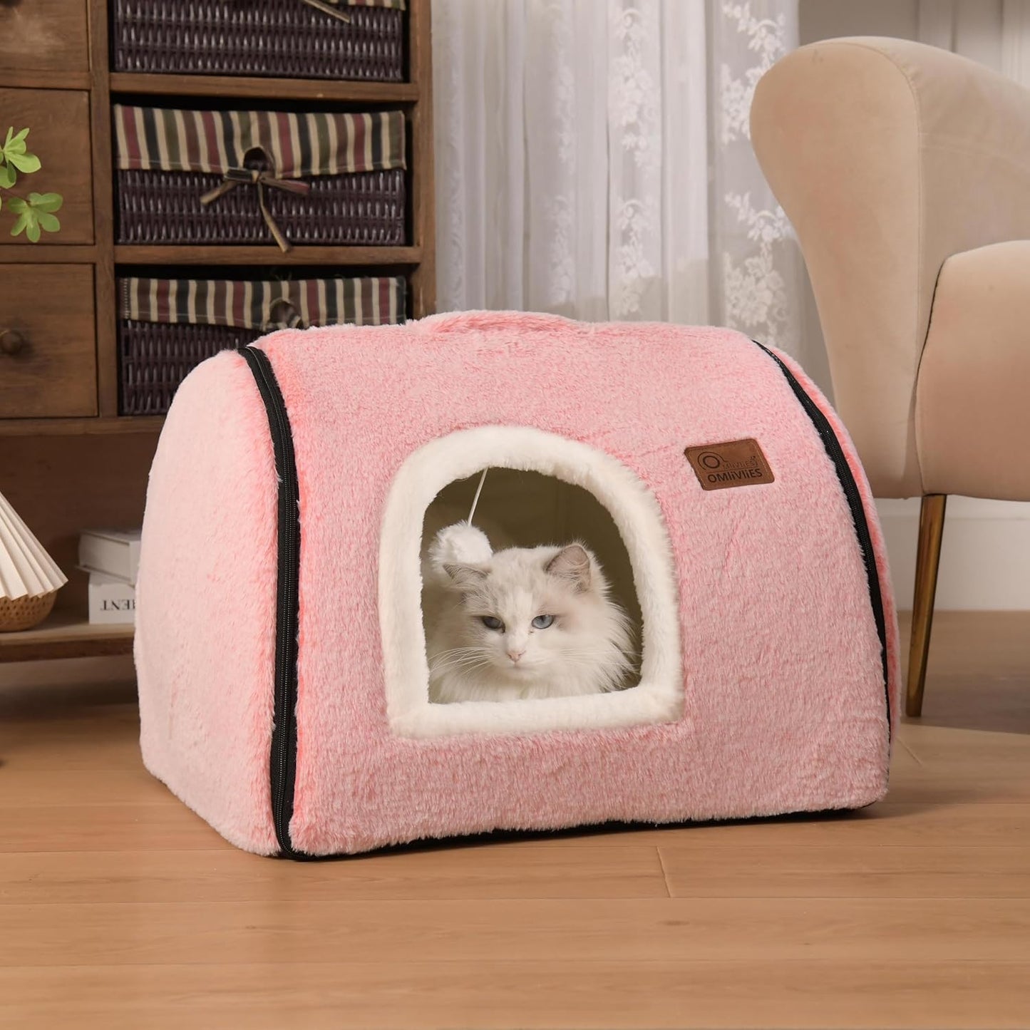 cat Bed cave-cat beds for Indoor Cats,Soft and Comfortable,Cute cat House,with Removable Washable Cushioned Pillow,Enclosed cat Bed,Kitty pet hut、Hideaway,Small Dog Tent, (Gray/Pink)