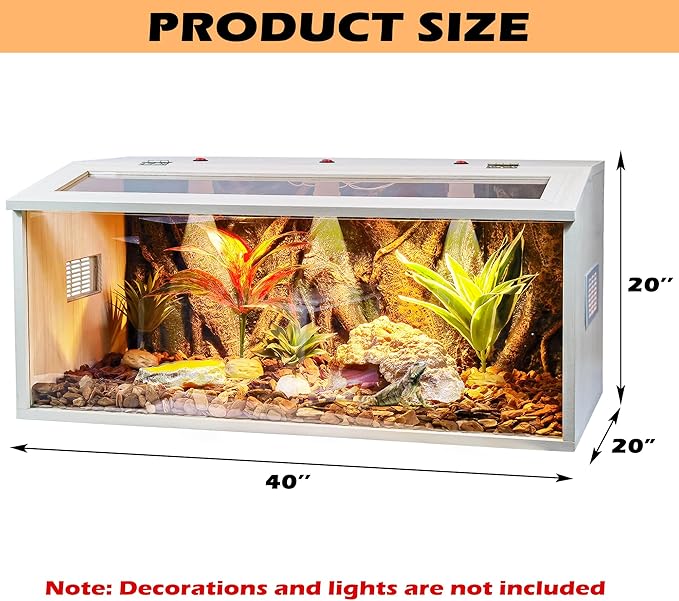 Bearded Dragon Tank, Reptile Enclosure, Snake Tank, Reptile Terrarium, Built-in Light Fixtures with Switch, (37 Gallon, 40" Long, Thick Wood Roof)