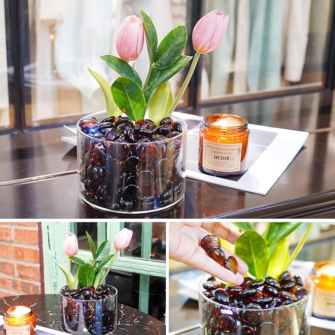 1LB Amber Flat Glass Marbles for Vases, Gemstone Beads Vase Filler Decorative Glass Pebbles for Fish Tank, DIY Crafts, Autumn Centerpieces, Aquarium Decor Rocks