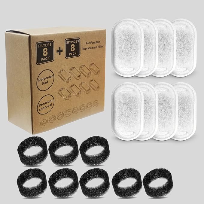 Cat Water Fountain Filters, Compatible with Stainless Steel Pet Fountain 8 Filters with 8 Sponges Replacement Filters for Cat Fountain (8 Filters& 8 Sponges)