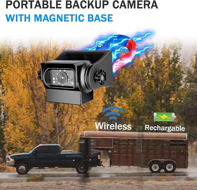 EWAY WiFi Magnetic Hitch Wireless Backup Rear/Front View Camera Rechargeable Battery for Easy Hitching of Gooseneck Horse Boat Travel Trailer/Fifth Wheels/RV/Camper Reverse for iPhone iPad Android