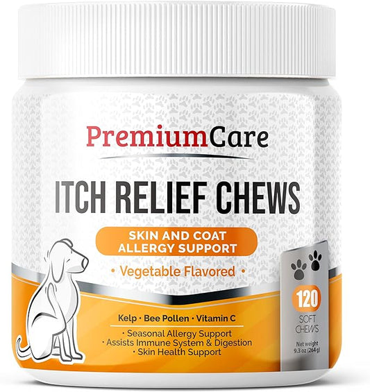 PREMIUM CARE Itch Relief for Dogs - 120 Allergy Chews for Dogs - Anti Itch Seasonal Support for Pets Itchy Skin Relief Skin Health Support with Colostrum, Vitamin C, Omega and Bee Pollen