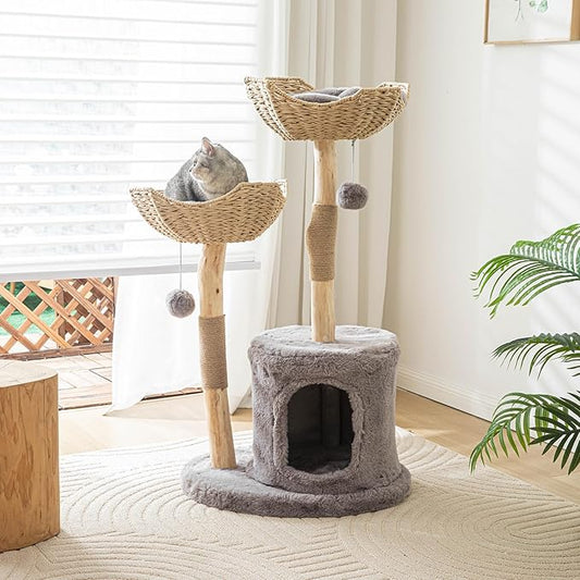 Cat Tree Tower, 46 inch Modern Cat Tree for Indoor Cats Large Adult, Luxury Cat Condo with Scratching Post, Real Solid Wood Branch Indoor Boho Furniture, Climbing Tower, Gray