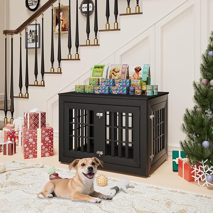 38" Heavy Duty Dog Crate Furniture for Small,Medium and Large Dogs,Rustic Wooden Dog Cage Kennel Indoor Furniture with Waterproof Top,Decorative Pet House Side End Table (Black)