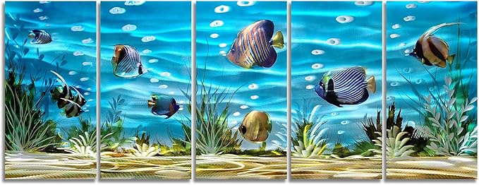 SYGALLERIER School Of Fish Metal Wall Art Handcrafted 3D Coastal Aluminum Artwork Modern Abstract Sea Styles Wall Accent in Blue Green Silver Color for Living Room Bedroom Bathroom Decor