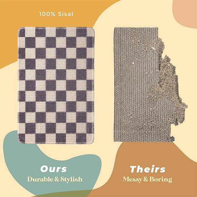 Sisal Cat Scratcher, [+ Catnip Fish Toy], Cat Wall Scratcher, Couch Protector from Cat Scratching, 24 X 15.8 with 12 Adhesive Velcro Stripes. (Checkered)