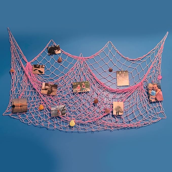 Nature Fish Net Wall Decoration with Shells, Ocean Themed Wall Hangings Fishing Net Party Decor for Pirate Party,Wedding,Photographing Decoration (Pink)