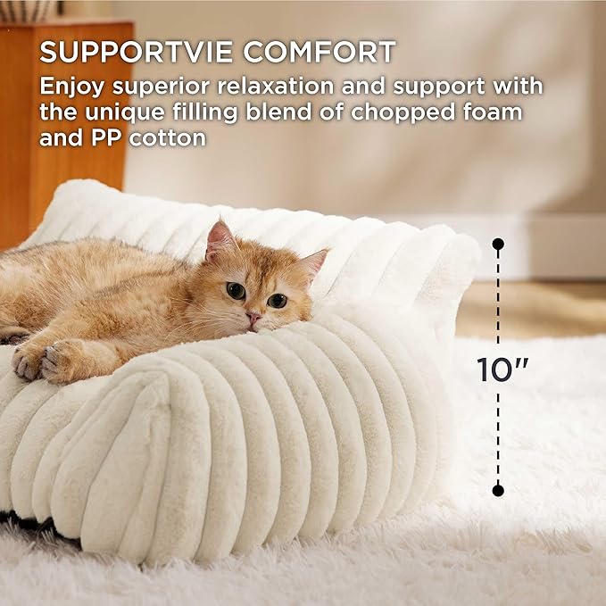 Bedsure Cute Cat Couch for Pets - Fluffy Small Dog Sofa with Premium Soft Corduroy Fleece, Pet Sofa with Removable Washable Cover, Supportive Dog Couch Bed for Small Medium Dogs, 30inch, Cream