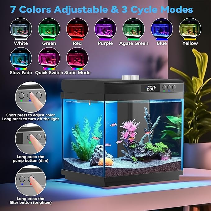 AQQA 3.7 Gallon Aquarium Starter Kit Small Glass Fish Tank with Filter and Light (10 Colors Adjustable) Desktop Self-Cleaning Betta Fish Tank Kit Office & Home Decor Idea (Black)