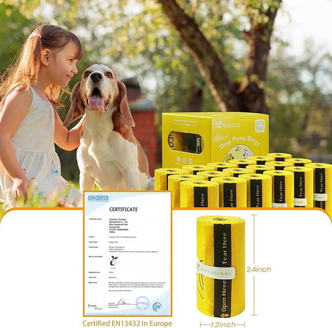 Certified Compostable Dog Poop Bags-270 Bags 18Rolls, Poop Bags for Dogs Made of Cornstarch - ASTM D6400 By USA, Leakproof Easy Open, Unscented Dog Waste Bags (Yellow)