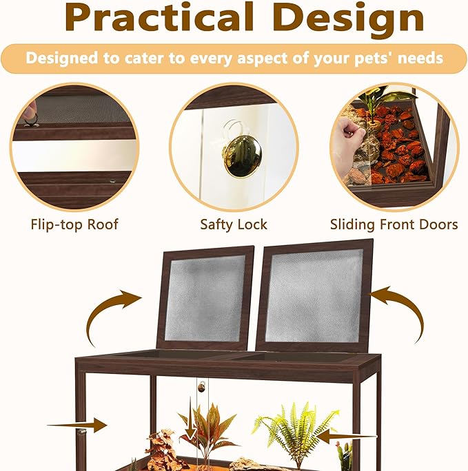 Bearded Dragon Tank,27 Gallon Reptile Tank with Meatl Mesh Roof and Front Sliding Door, Anti-Scratch Lizard Tank,Spacious Reptile Enclosure for Snakes,Lguanas, Chameleons(Walnut)