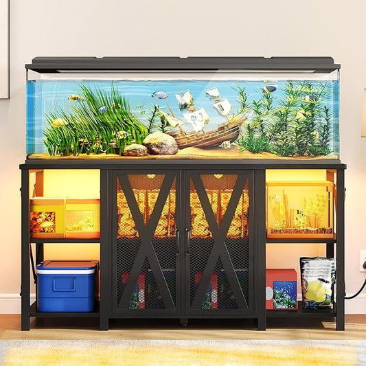 YITAHOME 90-120 Gallon Reptile Tank Stand with Power Outlet & LED Light, Heavy Duty Aquarium Stand w Accessories Storage Cabinet - Metal Fish Tank Stand for Turtle, Reptile, 2000LBS Capacity, Black