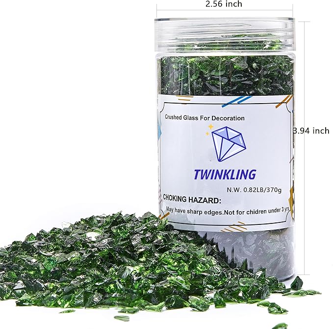 TWINKLING High Luster Crushed Glass Glitter, Broken Glass, Fire Glass Gems Chips for Fire Pit, DIY Resin Art, Epoxy Crafts, Geode Painting, Aquarium Decoration, 6-9mm(370g/13oz.) (Dark Green)