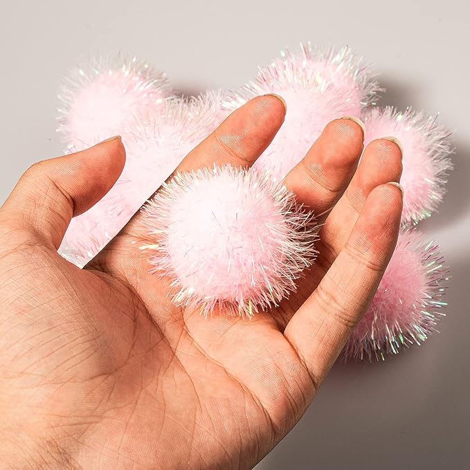 VAPKER 30 Pcs Cat Ball Toys Sparkle Balls Extra Large 2 Inch Cat's Favorite Chase Glitter Ball Glitter Tinsel Pom Poms Balls Light Pink Color