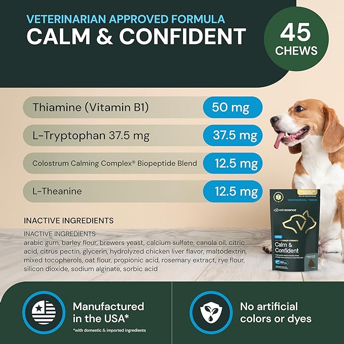 VetriScience Veterinary Strength Calm & Confident Chews - Stress Supplement for Cats - Supports Brain Function for Cats - with L-Theanine, Thiamine & More - 45 Count