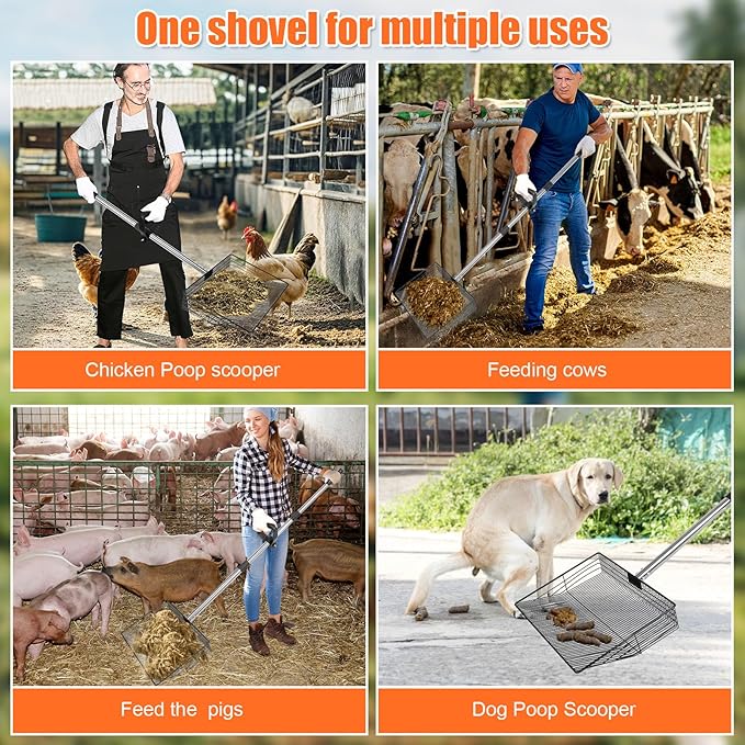 15 inch Large Chicken Poop Scooper with Ergonomic Grip, 6 in 1 Detachable Chicken Scooper for Poop Shovel (20 to 79"), Stainless Steel Sifting Shovel for Chicken Coop/Goat Stall/Stable Cleaning Tool