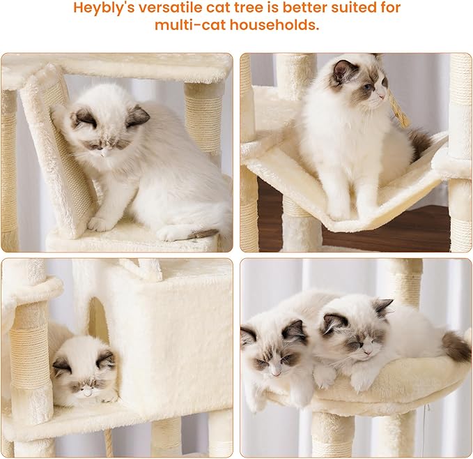 Heybly Cat Tree, 68 inch Multi-Level Cat Tower for Indoor Cats, 2 Widened Plush Perches Cat Condo with Scratching Board and Big Caves, Beige HCT025M