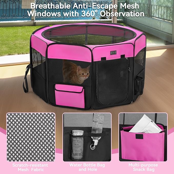 PETSFIT 29" Puppy Playpen with Removable Waterproof Mat & Zippered Roof | RV, Camping, Travel Dog Pen | Indoor/Outdoor Whelping & Cat Observation Space(29.5"x29.5"x16.5"H)