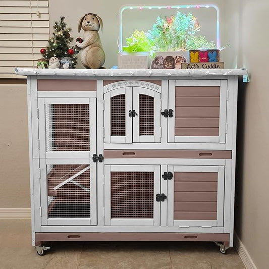 Rabbit Hutch Indoor Bunny Cage Outdoor with Casters, Guinea Pig Cage for Small Animals, Bunny Hutch with Two Plastic Trays 47inch