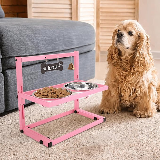 SHAINFUN Elevated Bowls for Small and Medium Dogs, Raised Stand With 2 Stainless Steel Food & Water Bowls, Adjustable Height Feeder for Puppy & Cats, Cute Pink