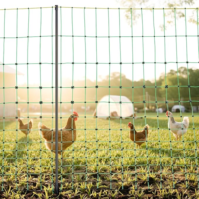 VEVOR Electric Fence Netting, 48" H x 100' L, PE Net Fencing Kit with Posts & Double-Spiked Stakes, Utility Portable Mesh for Chickens, Ducks, Geese, Rabbits, Used in Backyards, Farms, and Ranches