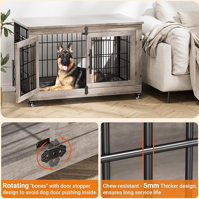 Lulive Large Dog Crate Furniture, 38'' Wooden Dog Crate End Table, Double Door Dog Kennel Indoor with Cushion & Wheels, Decorative Dog Cage House Chew-Resistant for Large/Medium, Grey