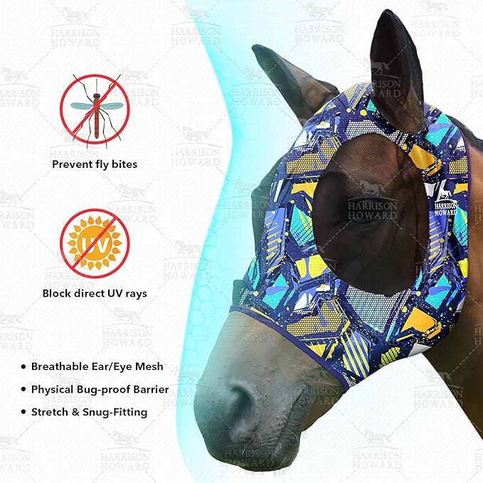 Harrison Howard Super Comfort Stretchy Fly Mask Large Eye Space with UV Protection Soft on Skin with Breathability Graffiti Mix (L; Full Size)