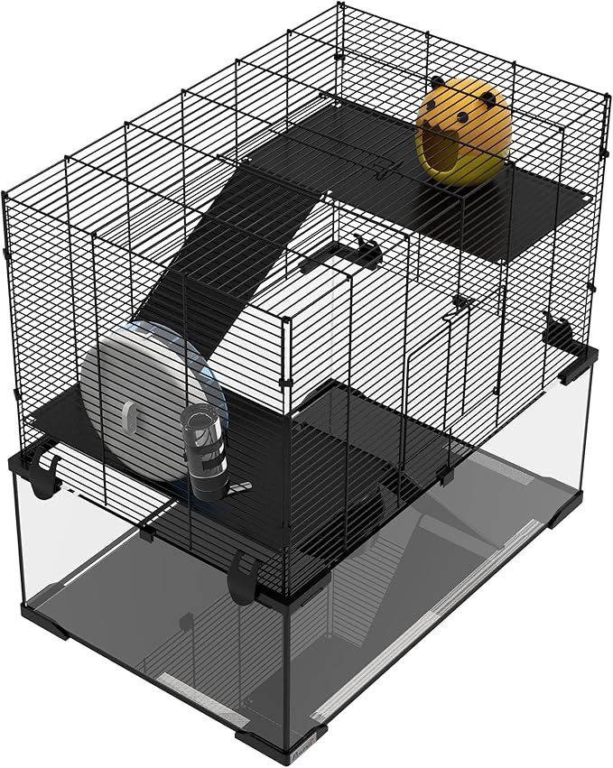 PawHut Large Hamster Cage with Deep Tempered Glass Bottom, 3 Tiers Hamster Tank with Running Wheel, Hut, Water Bottle, Dish, Rat Cage for Syrian, Dwarf, Gerbils, Mouse, 23.5" x 16" x 22.5", Black
