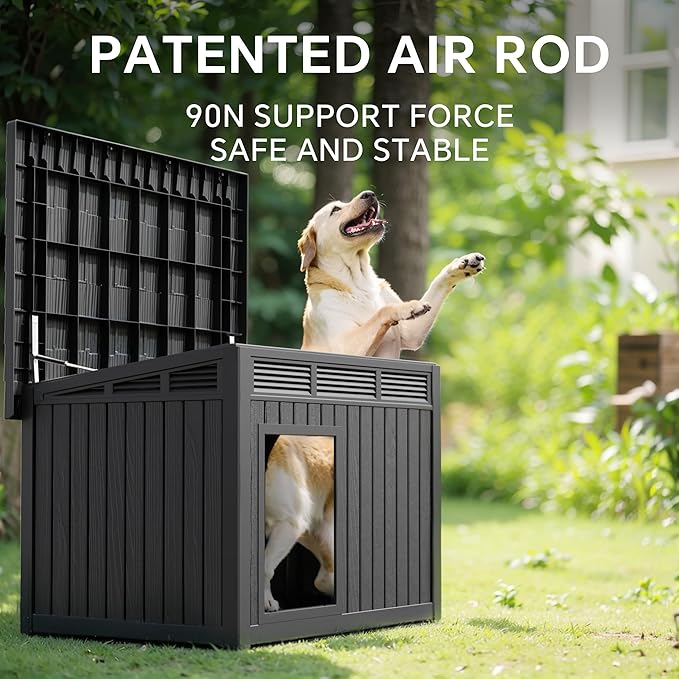 Dog House Indoor Outdoor,Resin Waterproof Puppy Shelter with Air Vents and Elevated Floor,Air Rod on Top to Open,Dog Kennel for Small to Medium Dogs(Black,32.2 * 25.12 * 24.13)