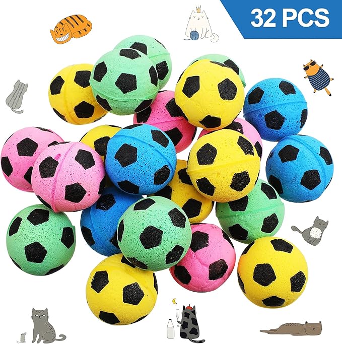 Skylety 32 Pieces Cat Soccer Balls Foam Sponge Football Cat Interactive Cats Soccer Toy Sports Ball for Kitten Pet