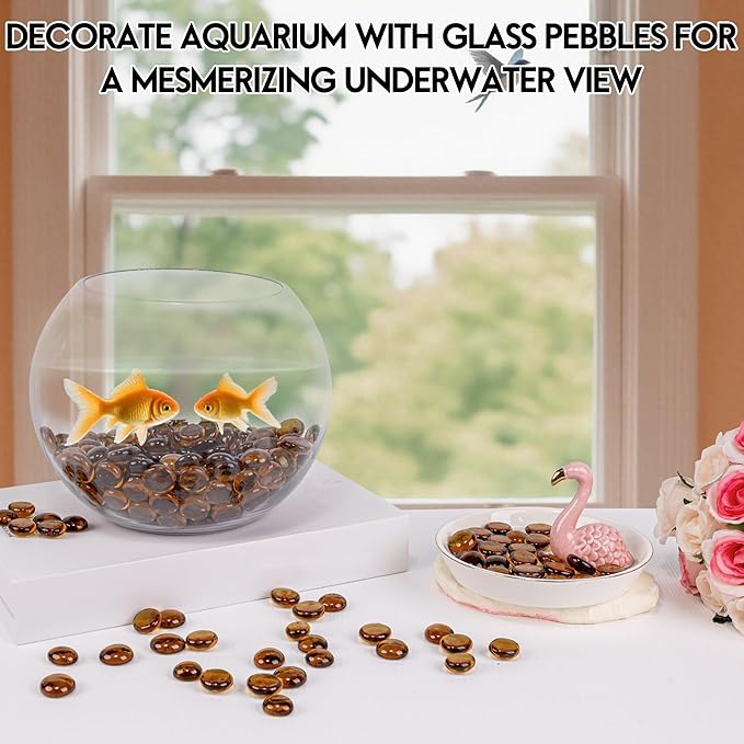 1LB Glass Marbles, Transparent and Smooth Flat Glass Beads for Vases, Mosaic Gem Pebbles for Aquarium Decor, Floral Arrangements, Mancala Stones, Vase Filler and Crafts, Brown