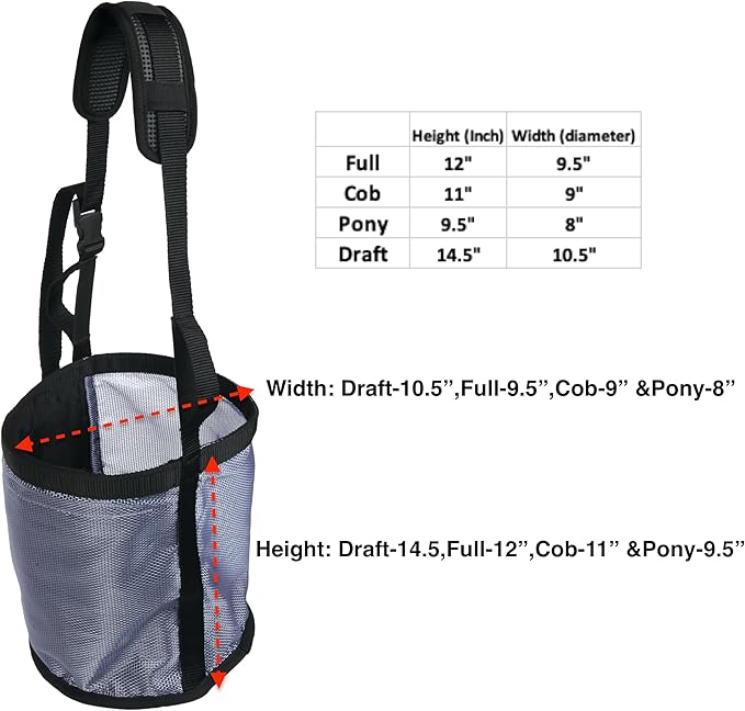 Majestic Ally Horse Feed Bag, Heavy Duty Nylon Mesh Grain Feed Bag, Adjustable Strap with Durable Snap and Elastic Straps, Comfort Neck Pad and Nose Pad- Large (Full, Black)