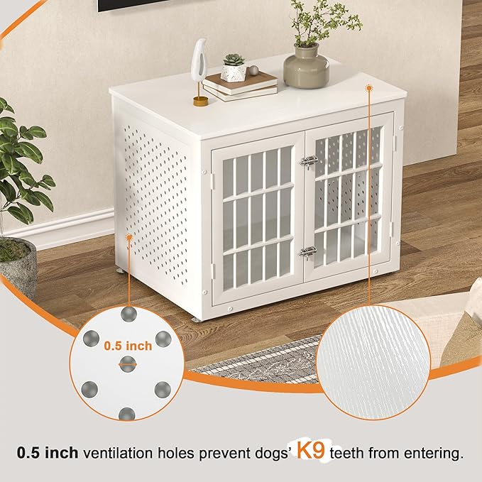 32" Heavy Duty Dog Crate Furniture for Small and Medium Dogs, Metal Kennel for High Anxiety Dogs, Chew Proof Pet Cage Indoor, Decorative Dog Kennel End Table, White