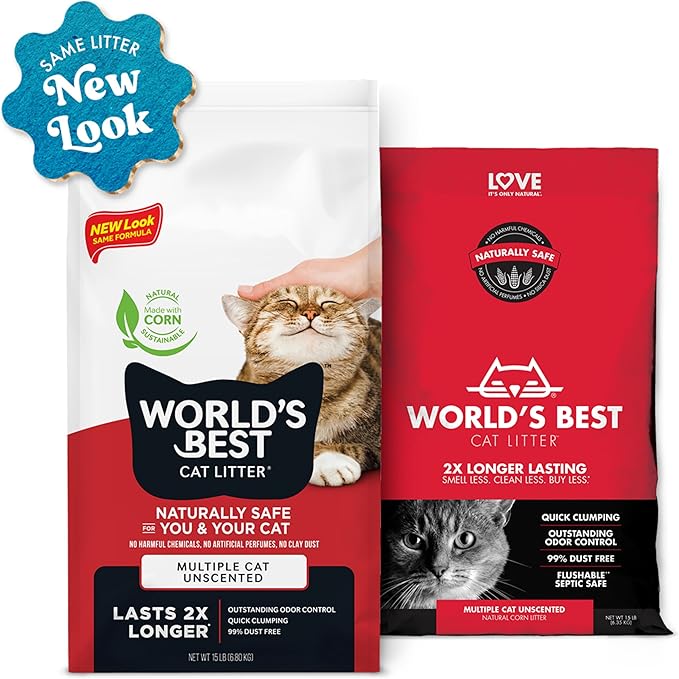 WORLD'S BEST CAT LITTER Multiple Cat Unscented, 15-Pounds - Natural Ingredients, Quick Clumping, Flushable, 99% Dust Free & Made in USA - Long-Lasting Odor Control & Easy Scooping