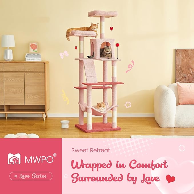 MWPO Cute Cat Tree, 70.1-Inch Tall Pink Cat Tower for Indoor Cats Large Adult, Multi-Level Cat Condo with 5 Scratching Posts, 2 Padded Perches, Hammock, Dangling Toys