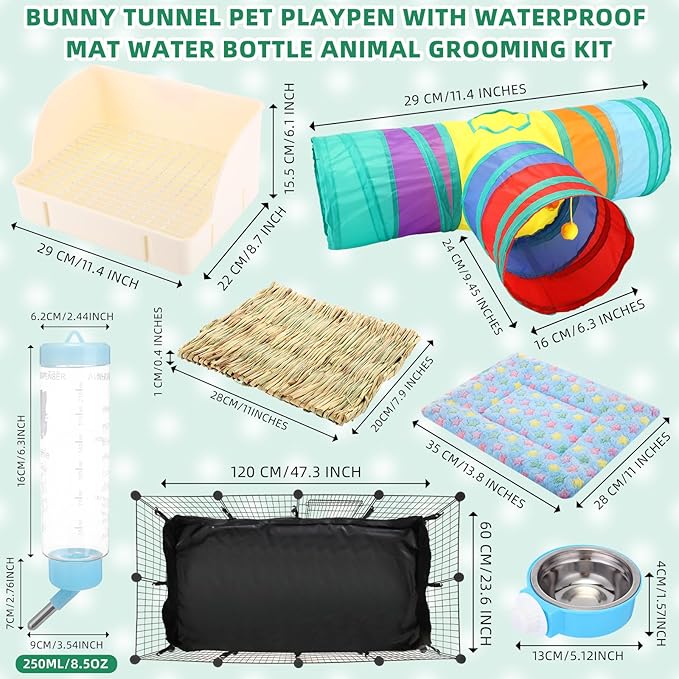 104 Pcs Rabbit Starter Kit Litter Box Bunny Tunnel Pet Playpen with Waterproof Mat Water Bottle Animal Grooming Kit Bowl Blankets with Cleaning Set for Guinea Pig Rabbit Accessories