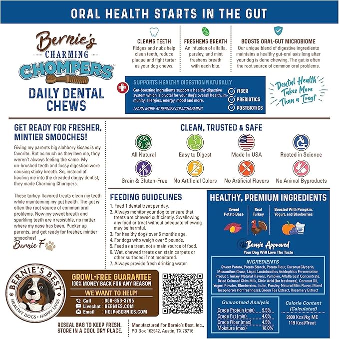Bernie's Charming Chompers - Daily Dental Chews for Dogs 50-100 Lbs. - 12 Count - Cleans Teeth, Freshens Breath, + Boosts Oral-Gut Microbiome. Easy to Digest, Supports Healthy Digestion Naturally